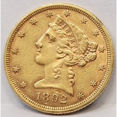 UNITED STATES OF AMERICA 1892 . FIVE 5 DOLLARS . GOLD COIN